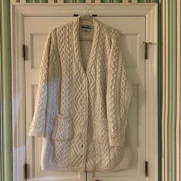 Aran Crafts 100% Merino Wool Ivory Cable Knit Cardigan Button Down Pockets XXL - Picture 2 of 9